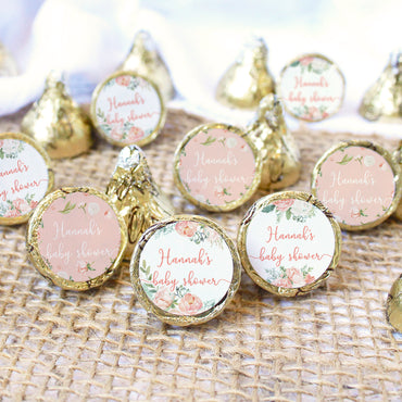 Personalized Pink Floral: Baby Shower Favor Stickers - Fits on Hershey's Kisses - 180 Stickers