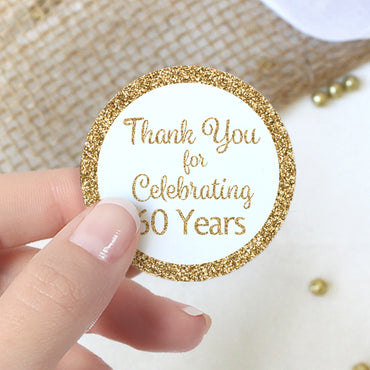 60th Birthday: White and Gold - Thank You - Round Favor Stickers - 40 Stickers