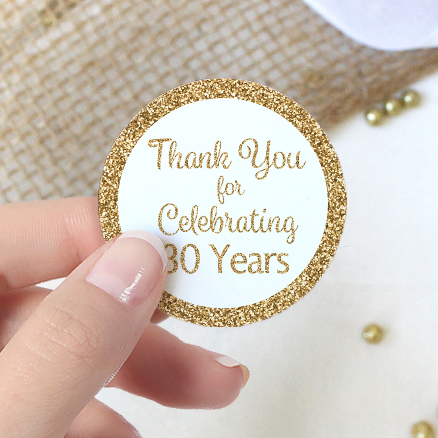 80th Birthday: White and Gold - Thank You - Round Favor Stickers - 40 Stickers
