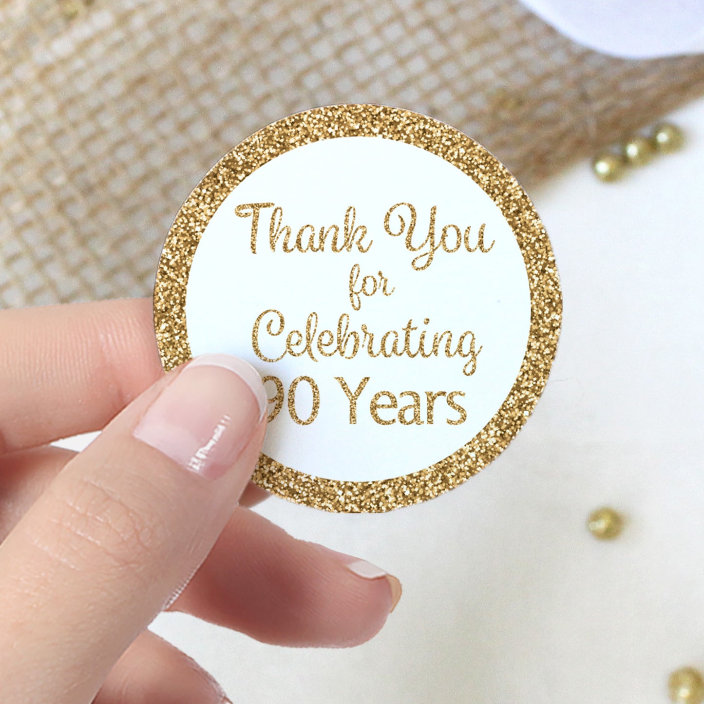 90th Birthday: White and Gold  - Round Favor Stickers - 40 Stickers