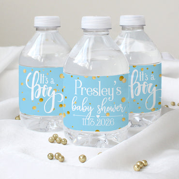 Personalized Gold Confetti: Blue - It's a  Boy Baby Shower Water Bottle Labels - 24 Stickers