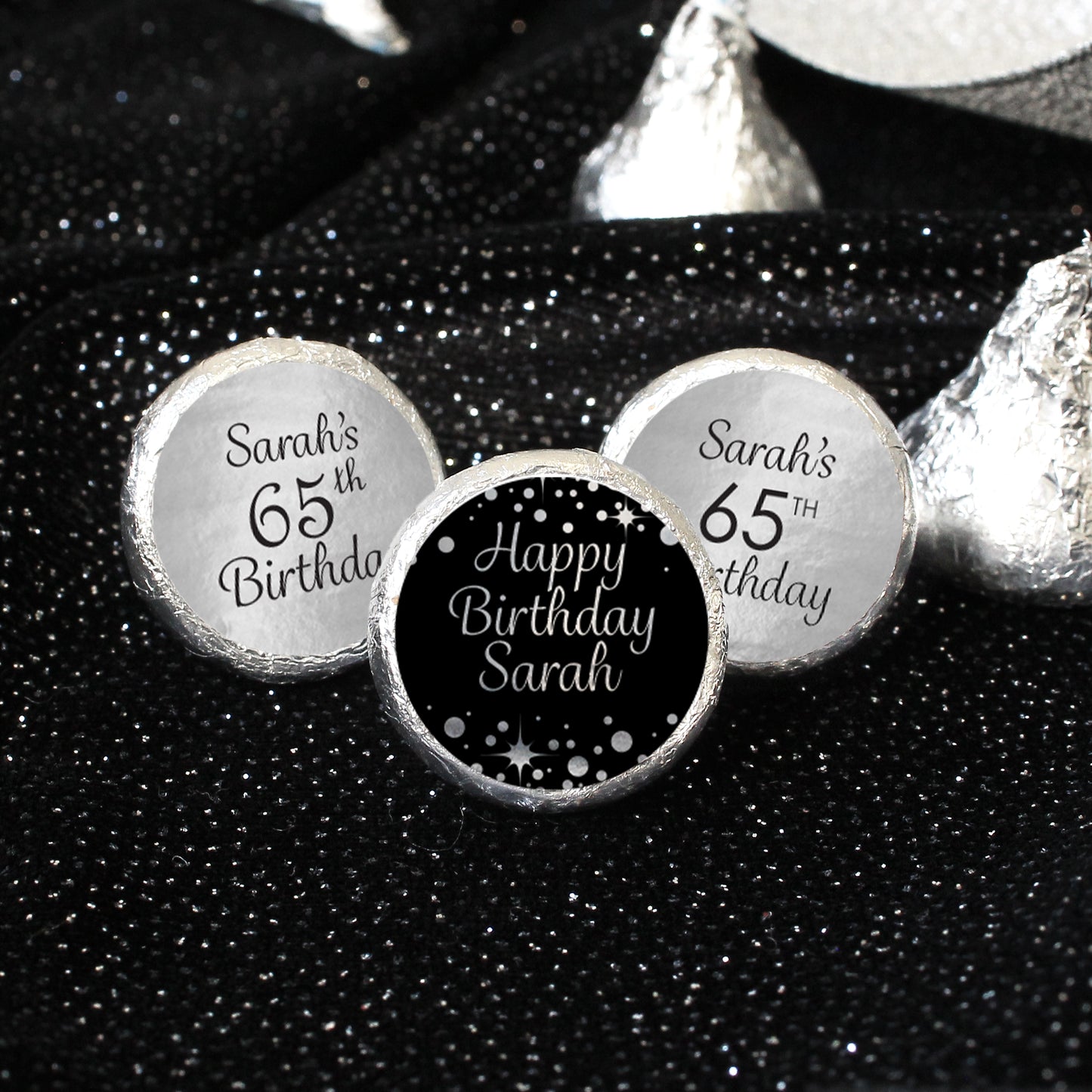 Personalized Black and Silver Birthday Party Favor Stickers - Shiny Foil - 180 ct