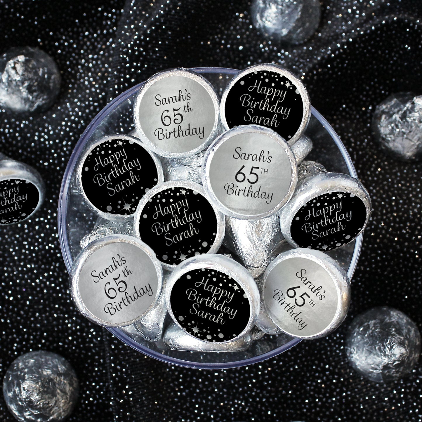 Personalized Black and Silver Birthday Party Favor Stickers - Shiny Foil - 180 ct