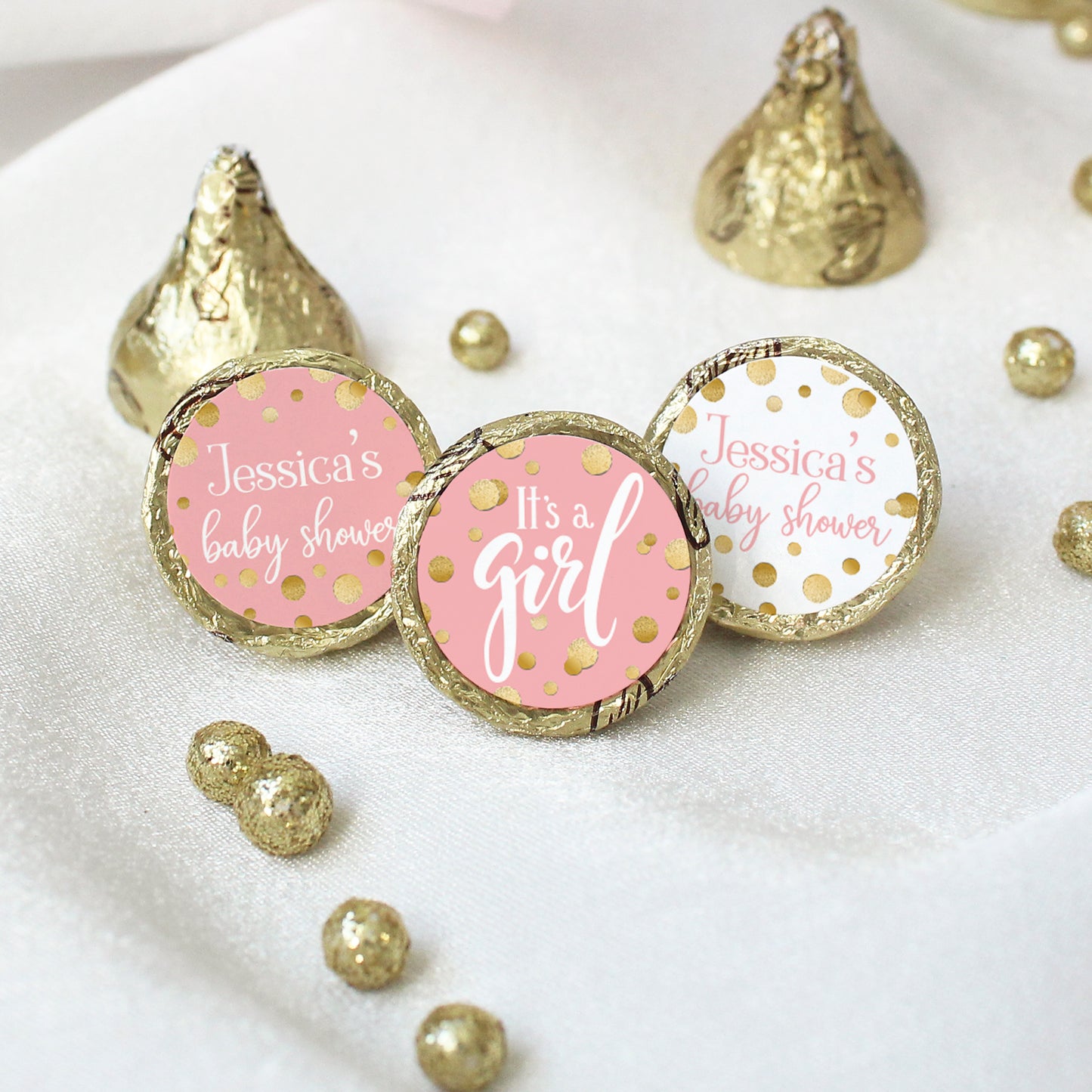 Personalized Gold Confetti: Pink - It's a Girl Baby Shower Favor Stickers - Fits on Hershey's Kisses - 180 Stickers