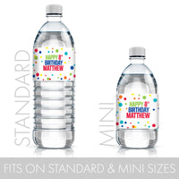 Personalized Rainbow Dots - Kid's Birthday, Adult Birthday-  Water Bottle Labels - 24 Stickers