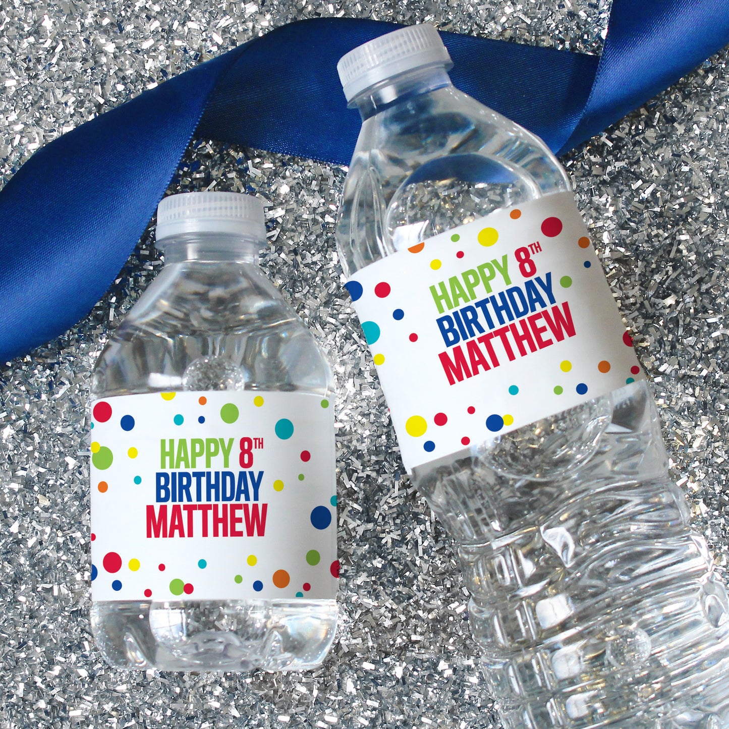 Personalized Rainbow Dots - Kid's Birthday, Adult Birthday-  Water Bottle Labels - 24 Stickers