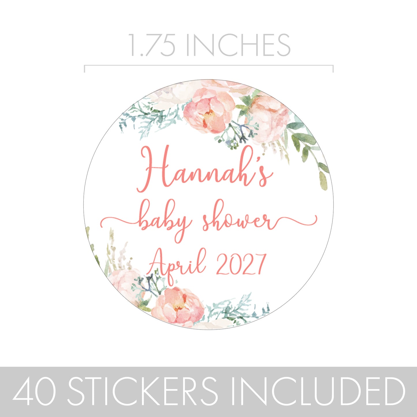 Personalized Pink Floral: Baby Shower Favor Stickers - 40 Stickers