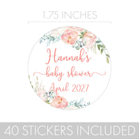 Personalized Pink Floral: Baby Shower Favor Stickers - 40 Stickers
