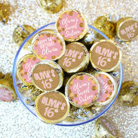 Personalized Sweet 16: Pink & Gold- Birthday Party Favor Stickers - Fits on Hershey's Kisses - 180 Stickers