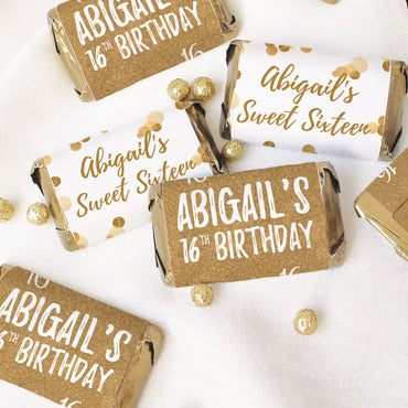 Personalized Sweet Sixteen: White & Gold - Birthday Party Mini Candy Bar Wrappers - 45 Stickers