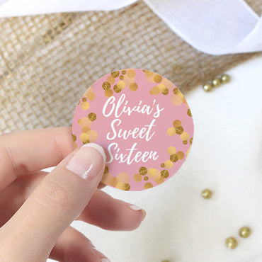 Personalized Sweet 16: Pink & Gold - Birthday Party Favor Stickers - 40 Stickers