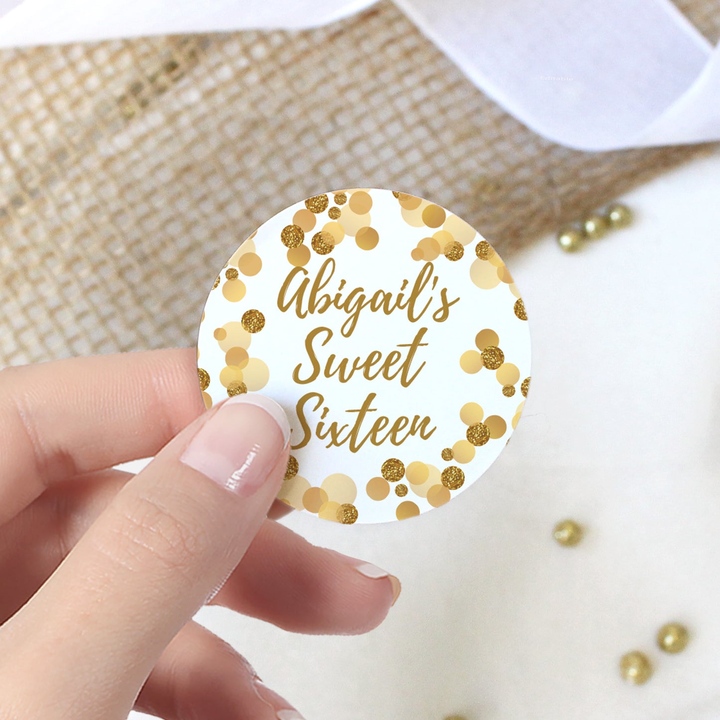 Personalized Sweet Sixteen: White & Gold - Birthday Party Favor Stickers - 40 Stickers