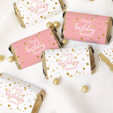 Personalized Gold Confetti: Pink - Birthday - Hershey's Miniatures Candy Bar Wrappers - 45 Stickers
