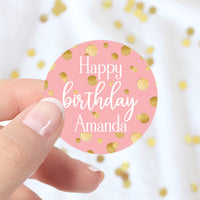 Personalized Gold Confetti: Pink - Birthday - Circle Favor Stickers - 40 Stickers