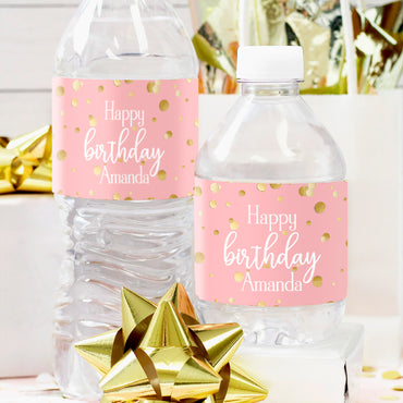Personalized Gold Confetti: Pink - Birthday - Water Bottle Labels - 24 Waterproof Stickers