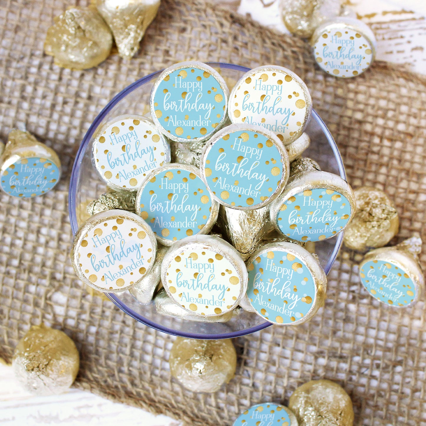 Personalized Gold Confetti:  Blue - Birthday - Favor Stickers  Fits on Hershey's Kisses - 180 Stickers