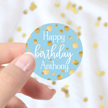 Personalized Gold Confetti:  Blue - Birthday - Circle Favor Stickers - 40 Stickers