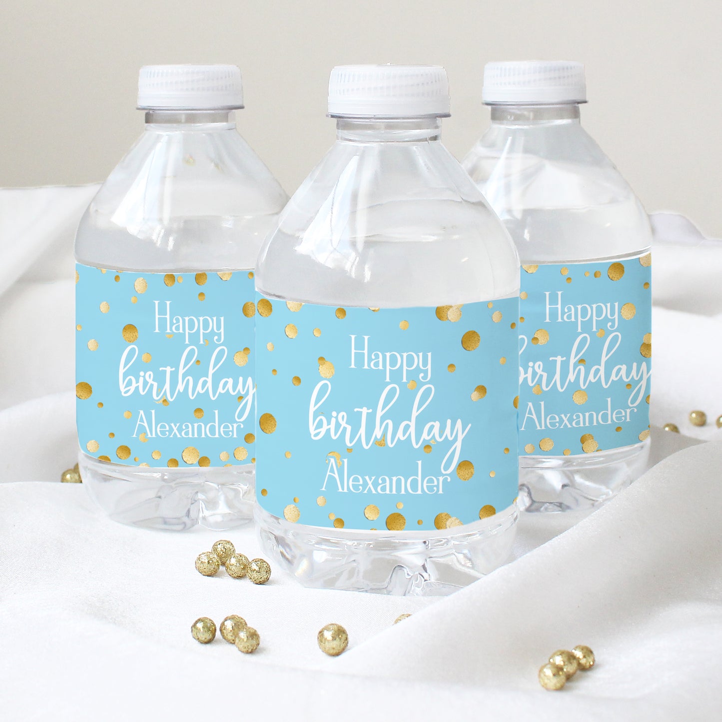 Personalized Gold Confetti:  Blue - Birthday -  Water Bottle Labels - 24 Waterproof Stickers