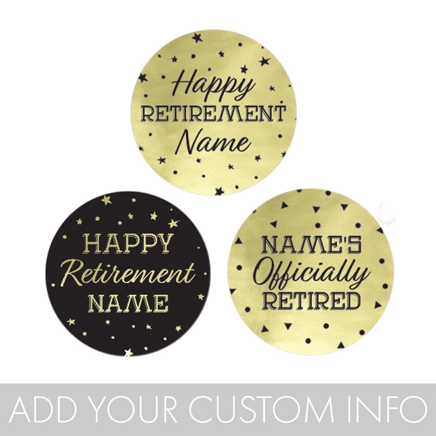 Personalized Retirement Party: Black and Gold Shiny Foil - Favor Stickers - Fits on Hershey's Kisses - 180 Stickers