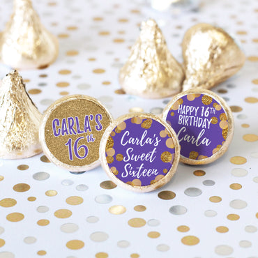 Personalized Sweet Sixteen: Purple & Gold - Birthday Party Favor Stickers - Fits on Hershey's Kisses - 180 Stickers