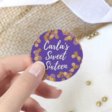 Personalized Sweet Sixteen: Purple & Gold - Birthday Party Stickers - 40 Stickers