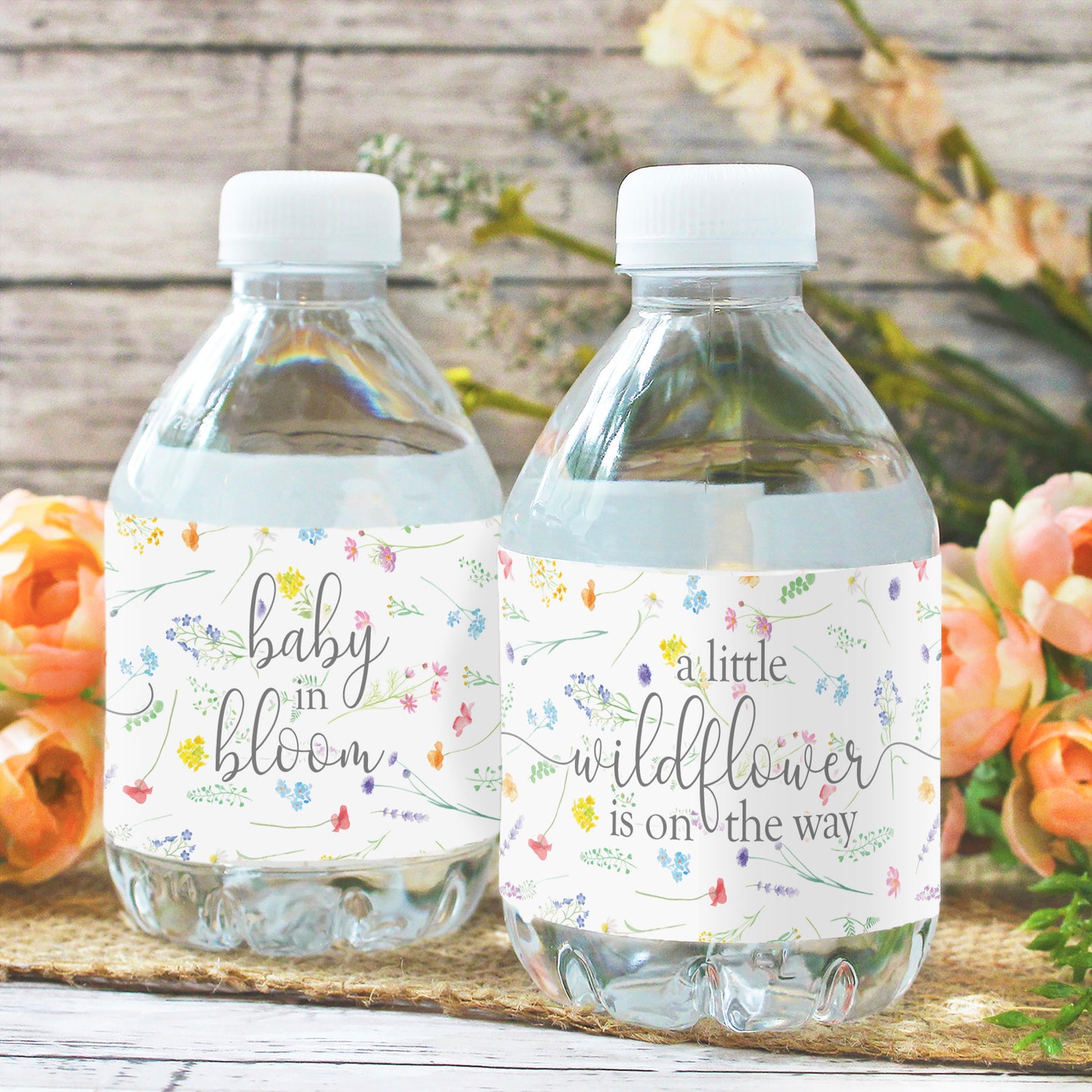 Little Wildflower: Girl's Baby Shower Water Bottle Labels - 24 Floral Party Favor Stickers