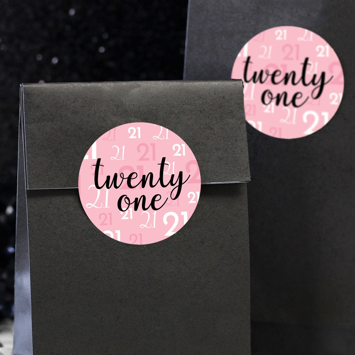 21st Birthday: Pink and Black - Round Favor Stickers - 40 Stickers