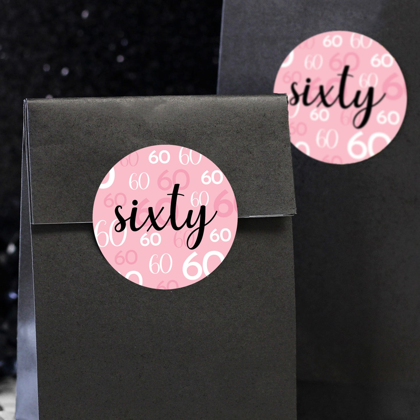 60th Birthday: Pink and Black - Round Favor Stickers - 40 Stickers