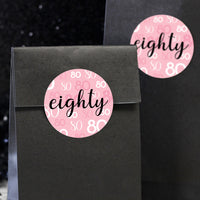 Pink and Black 80th Birthday Circle Stickers - Eighty