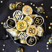 80th Birthday: Black & Gold - Fits on Hershey's Kisses - 180 Stickers