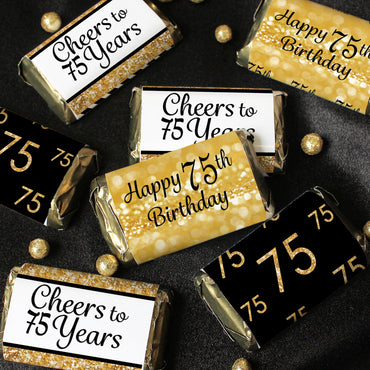 75th Birthday: Black & Gold - Hershey's Miniatures Candy Bar Wrappers Stickers - 45 Stickers