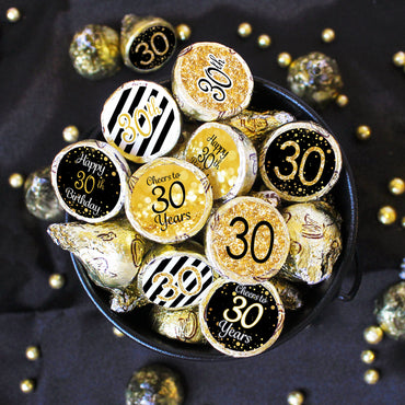 30th Birthday: Black & Gold - Fits on Hershey's Kisses - 180 Stickers