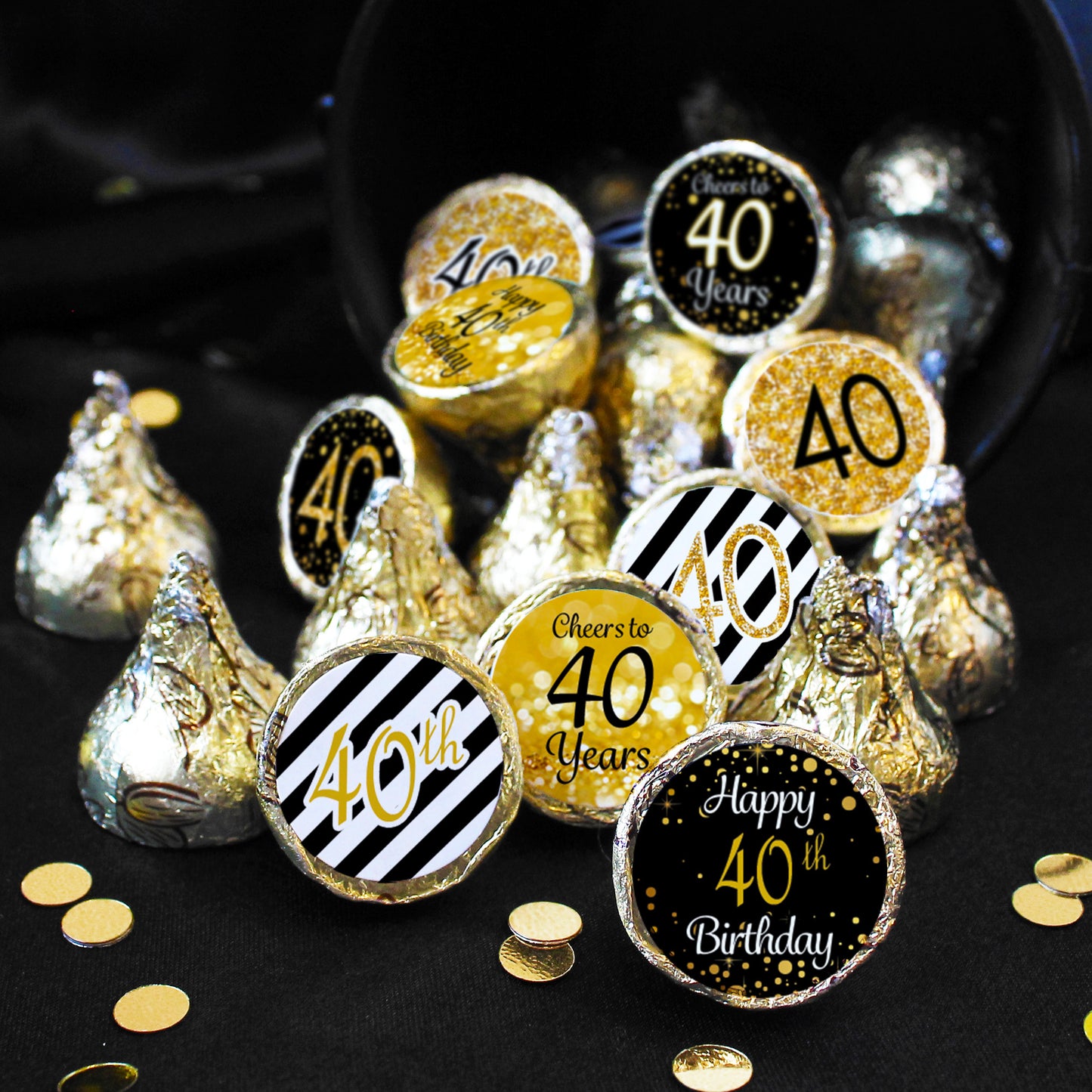 40th Birthday: Black & Gold - Fits on Hershey's Kisses - 180 Stickers