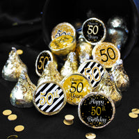 50th Birthday: Black & Gold - Fits on Hershey's Kisses - 180 Stickers