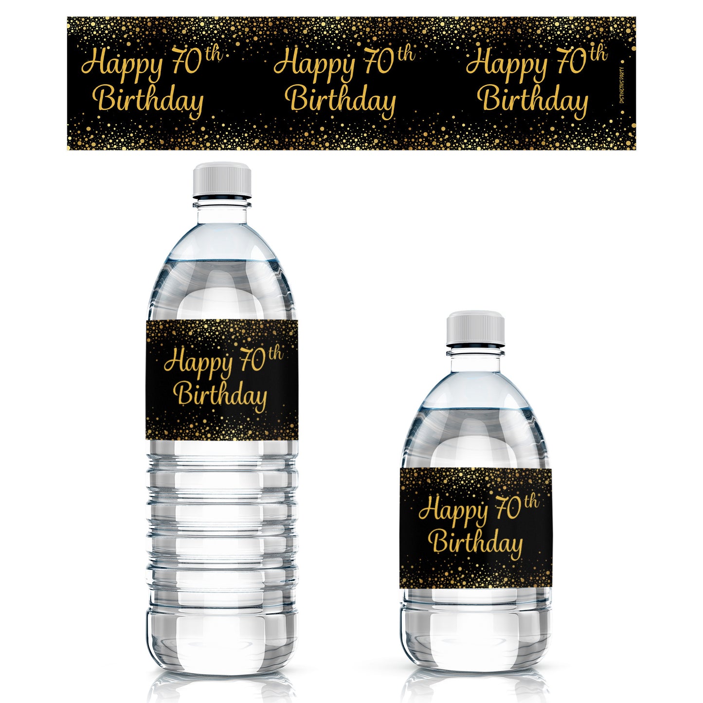 70th Birthday: Black & Gold - Water Bottle Labels - 24 Stickers