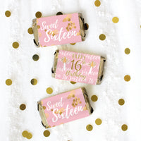Sweet Sixteen: Pink & Gold - Birthday Party  Mini Candy Bar Wrappers - 45 Stickers