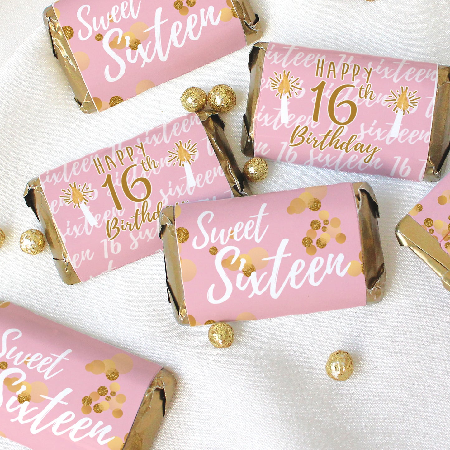 Sweet Sixteen: Pink & Gold - Birthday Party  Mini Candy Bar Wrappers - 45 Stickers