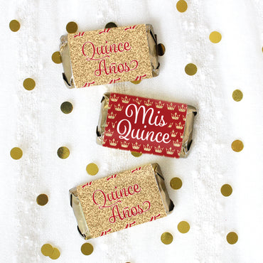 Sparkling Mis Quince: Red & Gold - Quinceañera 15th Birthday - Hershey's Miniatures Candy Bar Wrappers Stickers - 45 Stickers