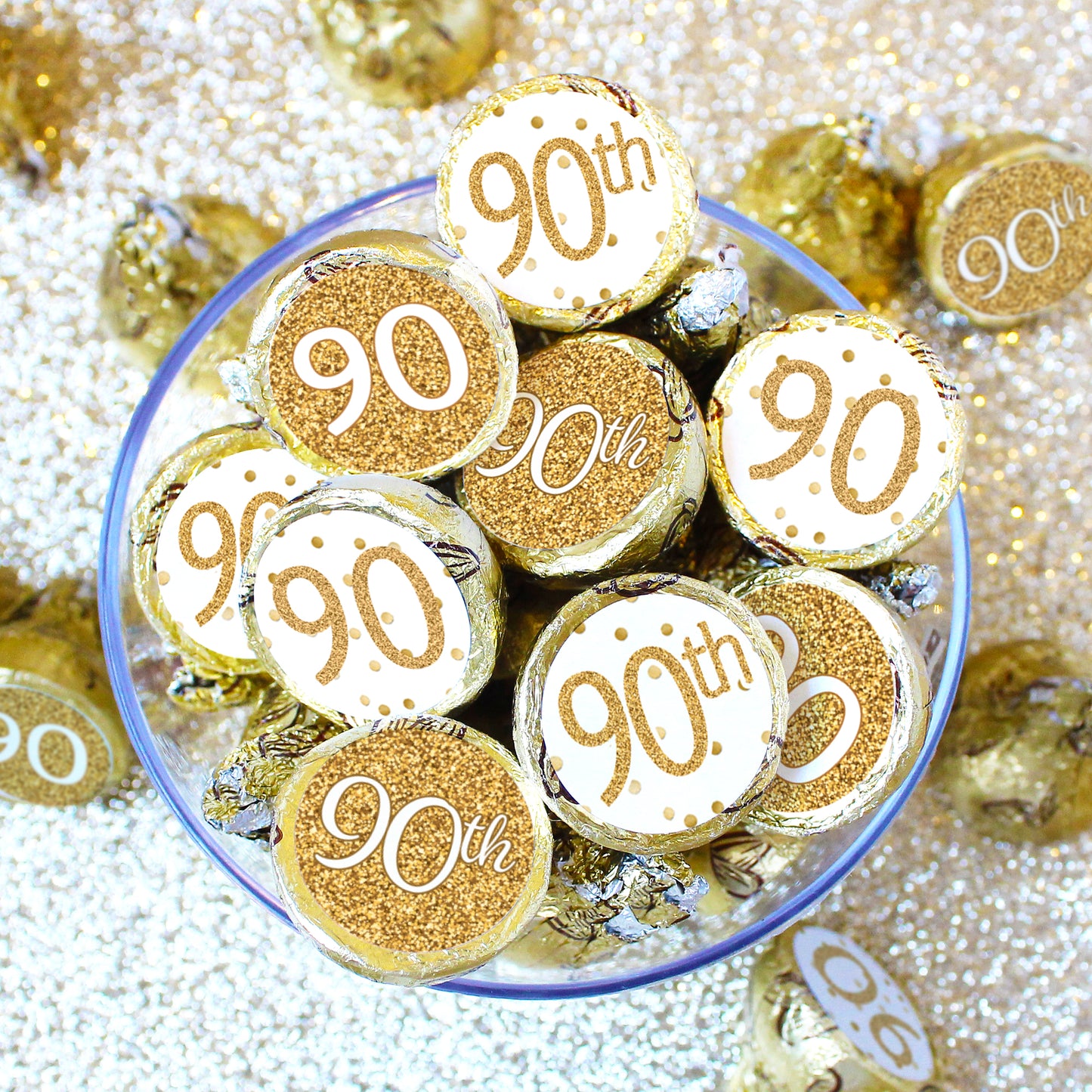 90th Birthday: White and Gold  - Party Favor Stickers - Fits on Hershey's Kisses - 180 Stickers