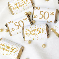 50th Birthday: White and Gold - Hershey's Miniatures Candy Bar Wrappers Stickers - 45 Stickers