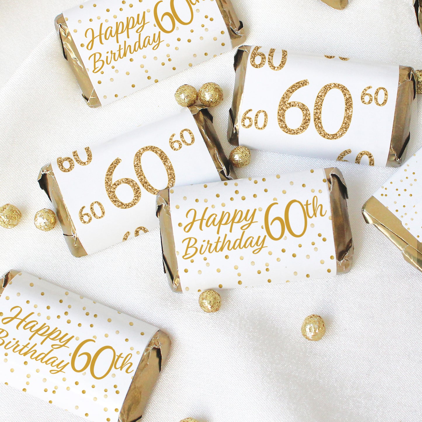 60th Birthday: White and Gold - Hershey's Miniatures Candy Bar Wrappers Stickers - 45 Stickers
