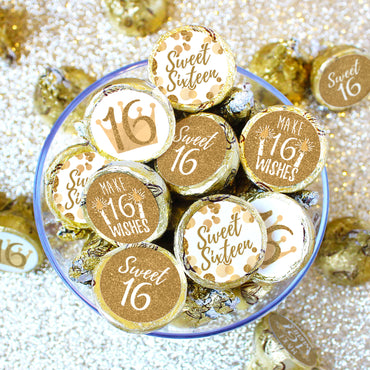 Sweet 16: White & Gold - Birthday Party Party Favor Stickers - Fits on Hershey's Kisses - 180 Stickers