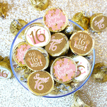 Sweet Sixteen: Pink & Gold - Birthday Party Party Favor Stickers - Fits on Hershey's Kisses - 180 Stickers
