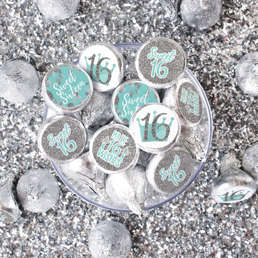 Sweet 16: Teal & Silver - Birthday Party Favor Stickers - Fits on Hershey's Kisses - 180 Stickers