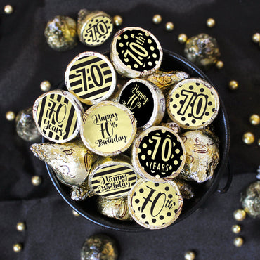 70th Birthday: Black and Gold Shiny Foil -  Party Favor Stickers - Fits on Hershey's Kisses - 180 Stickers