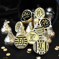 70th Birthday: Black and Gold Shiny Foil -  Party Favor Stickers - Fits on Hershey's Kisses - 180 Stickers