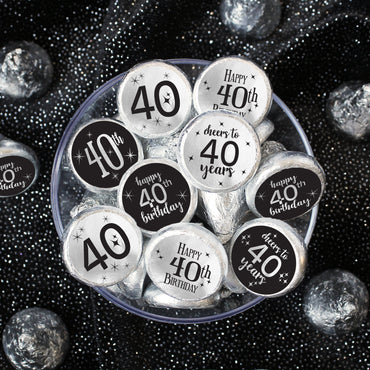 Black and Silver 40th Birthday Stickers - Fits on Hershey's Kisses - 180 Pack