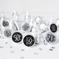 50th Birthday: Black and Silver Foil - Party Favor Stickers - Fits on Hershey's Kisses - 180 Stickers