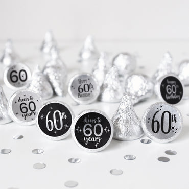 60th Birthday: Black and Silver - Party Favor Stickers - Fits on Hershey's Kisses - 180 Stickers