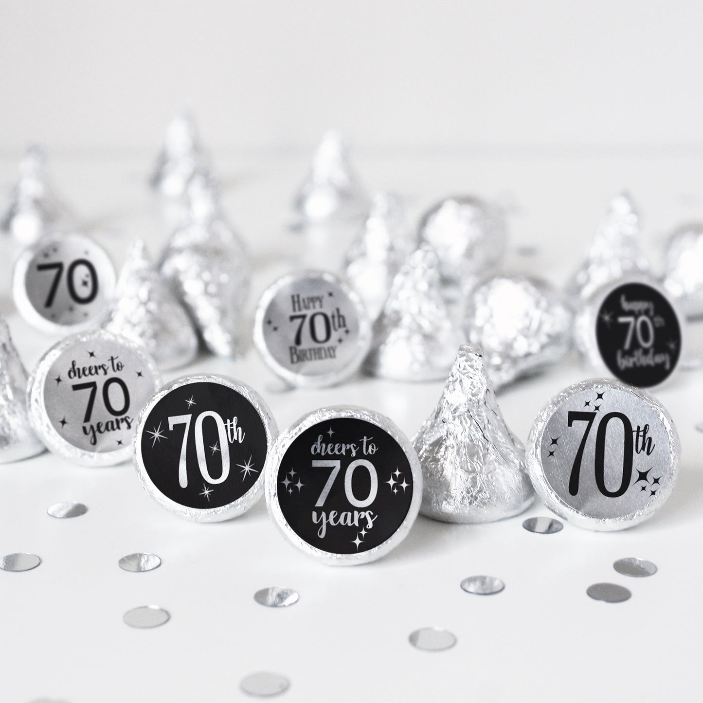 Black and Silver 70th Birthday Stickers - Fits on Hershey's Kisses - 180 Pack